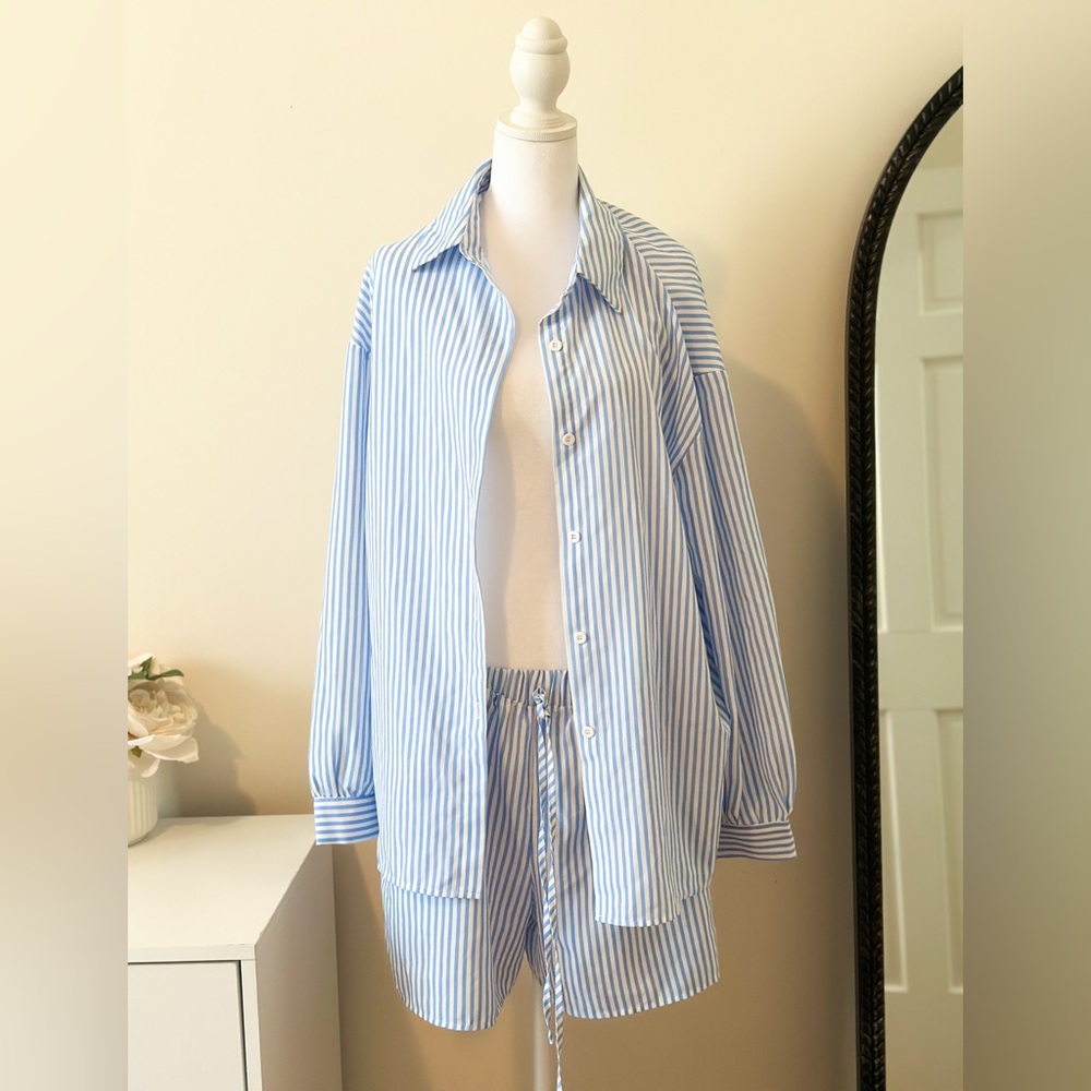 Blue and White Striped Shirt and Shorts Set